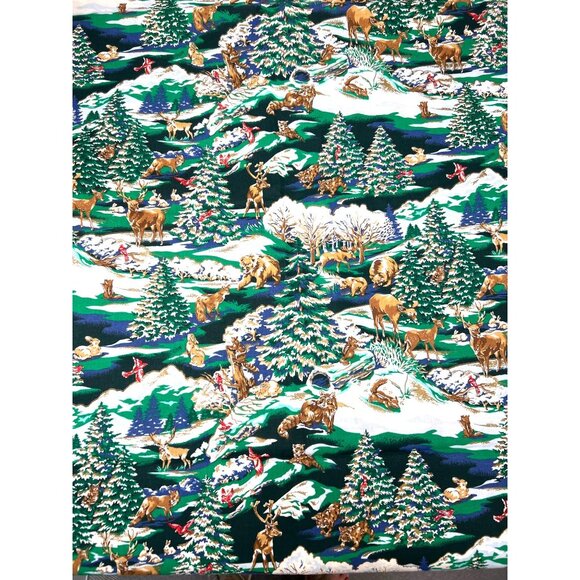 Winter Wildlife Forest Scenic Print Fabric Cotton Quilting Upholstery Material - Picture 1 of 3